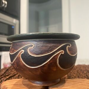 Studio Art Pottery Bowl Stoneware Brown/turquoise  Glazed Finish 5in Signed